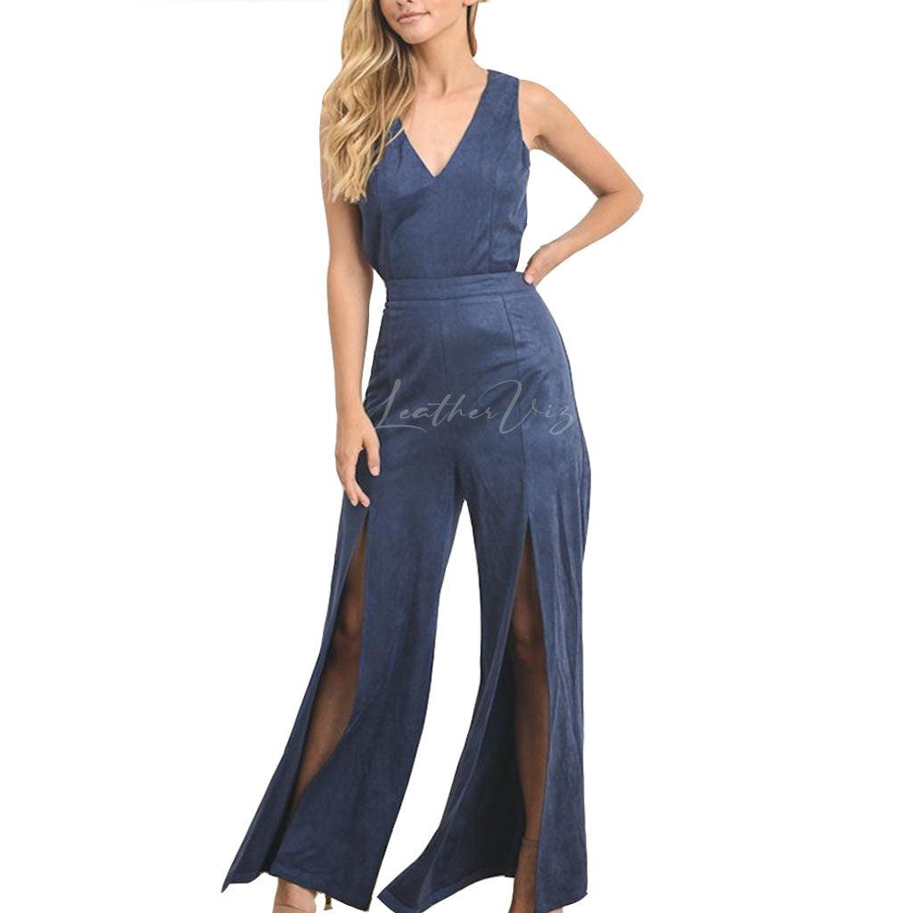 SLEEVELESS SUEDE LEATHER WOMEN PARTY JUMPSUIT - Image #2