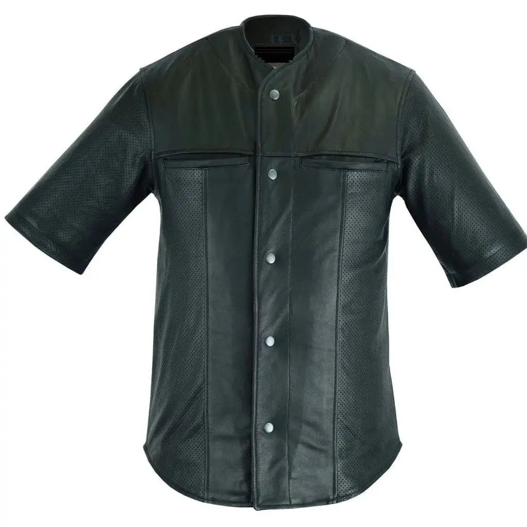 Black Perforated Sheepskin Leather Shirt - Image #3
