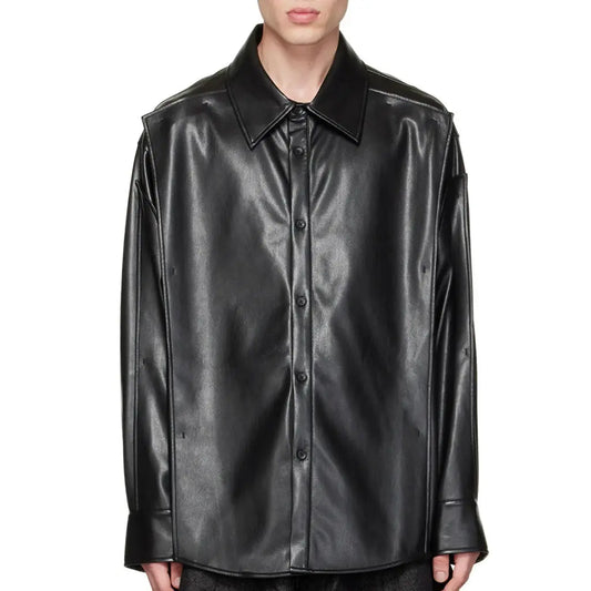 Pointed Collar Men Black Leather Shirt - Image #1