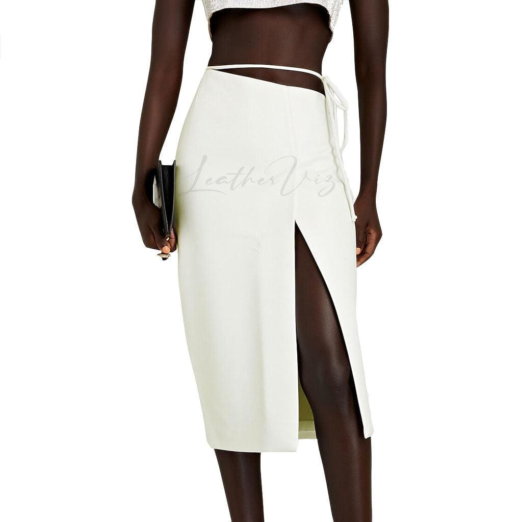 White Leather Midi Wrap Skirt