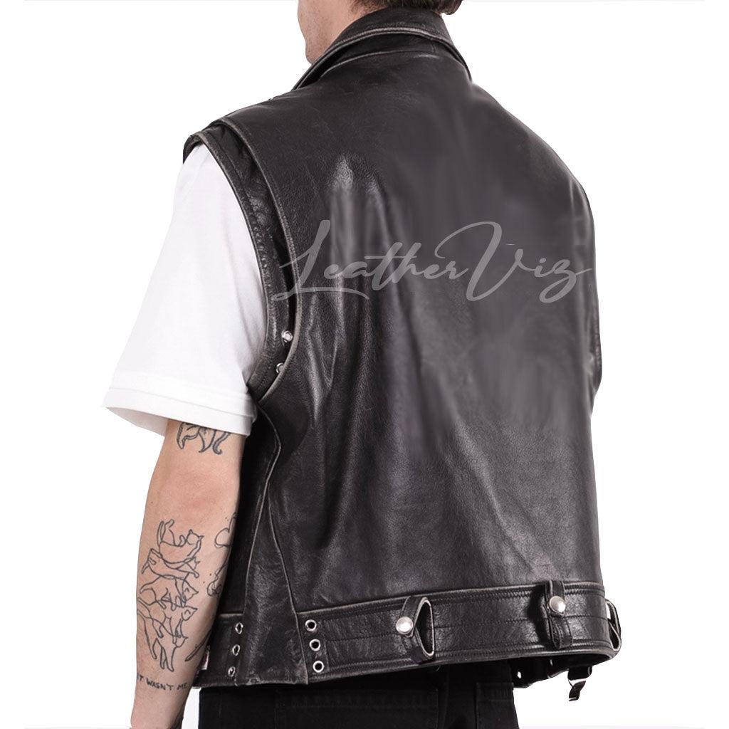 BLACK AND WHITE SLEEVELESS LEATHER VEST FOR MEN - Image #2