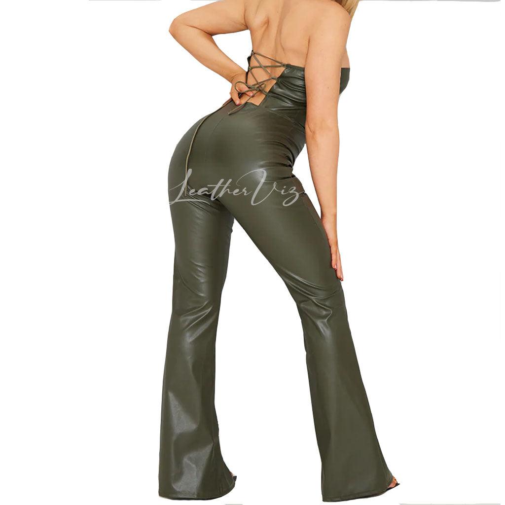 BANDEAU LACE BACK WOMEN LEATHER JUMPSUIT - Image #2