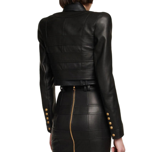 Quilted Women Cropped Leather Jacket - Image #2
