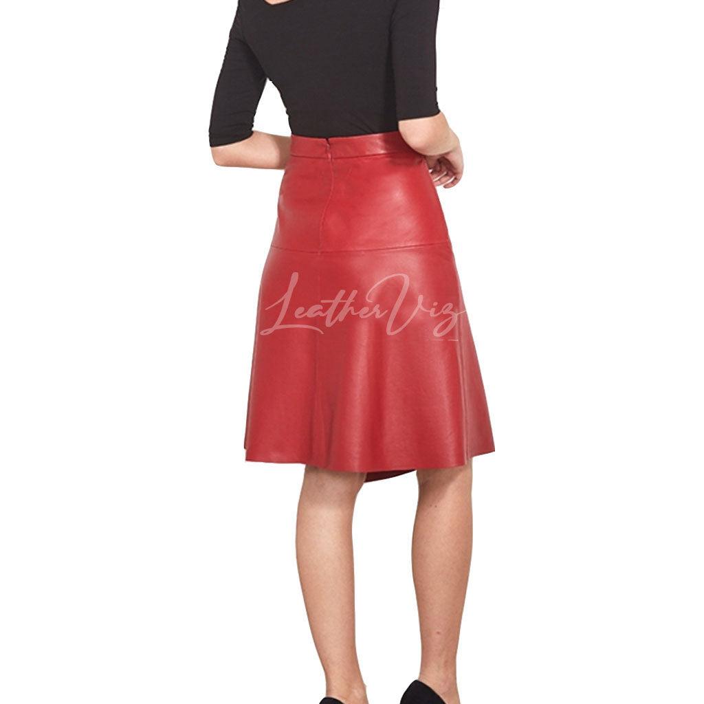ASYMMETRIC A LINE RED LEATHER SKIRTS FOR WOMEN - Image #3