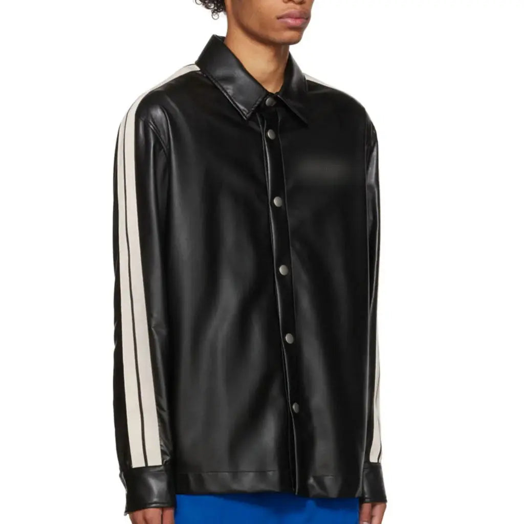 Men Black Genuine Leather Shirt With White Stripes - Image #4