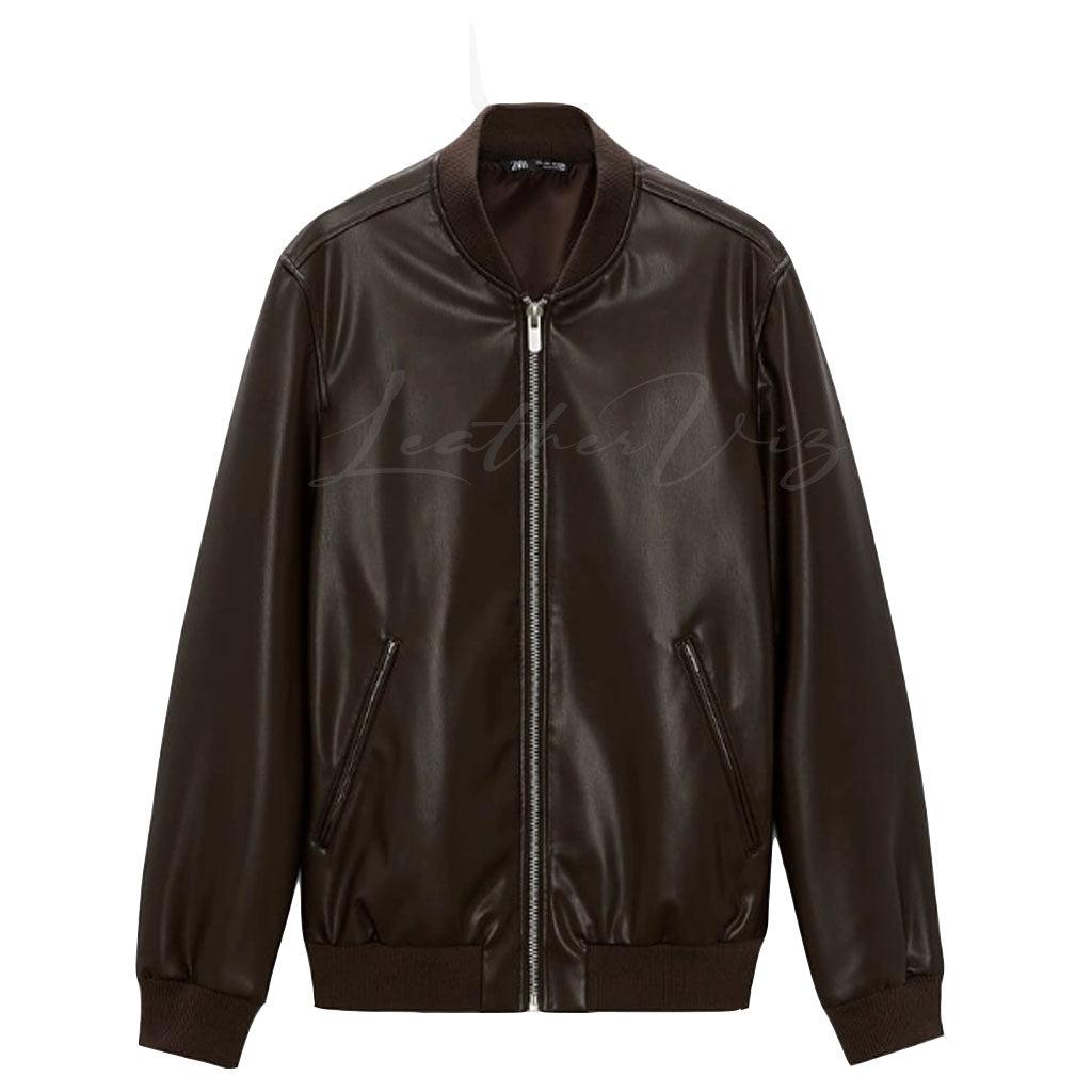 MENS ITALIAN LEATHER BOMBER JACKET BROWN - Image #3