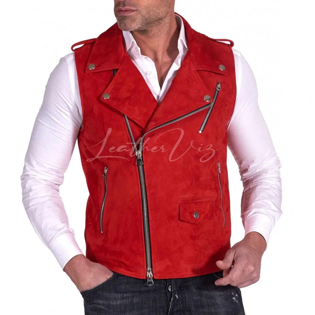 MENS RED SUEDE LEATHER VEST  FOR MEN - Image #2