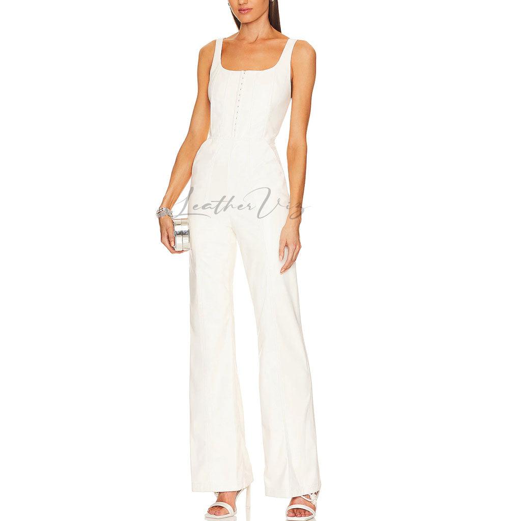 WHITE LEATHER CORSET JUMPSUIT FOR WOMEN - Image #1