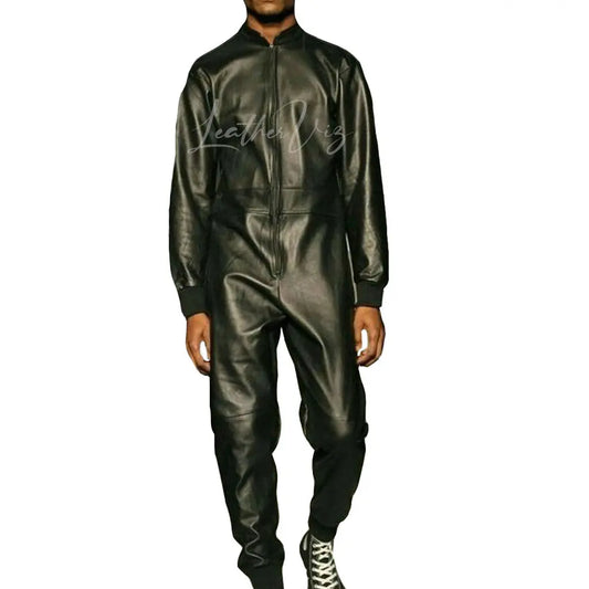 Front Zipper Men Leather Jumpsuit