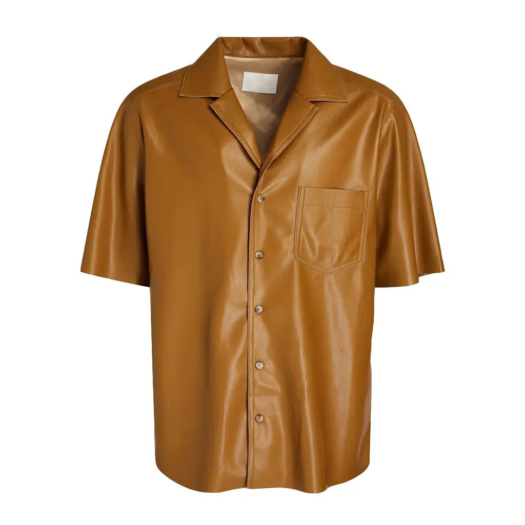 Minimal Light Brown Men Leather Shirt - Image #3