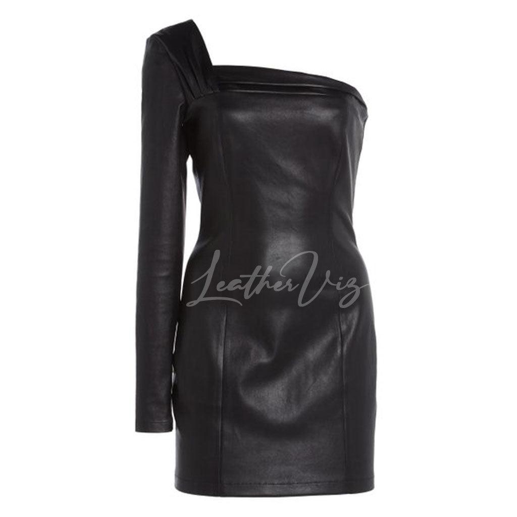 Asymmetric Style One-Shoulder Party Leather Dress For Women