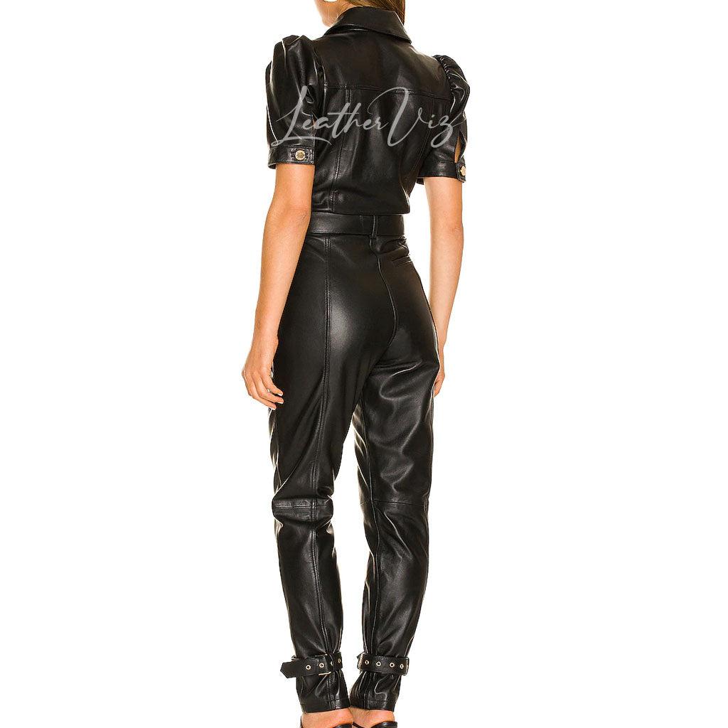 PUFF SLEEVES WOMEN BLACK LEATHER JUMPSUIT - Image #3
