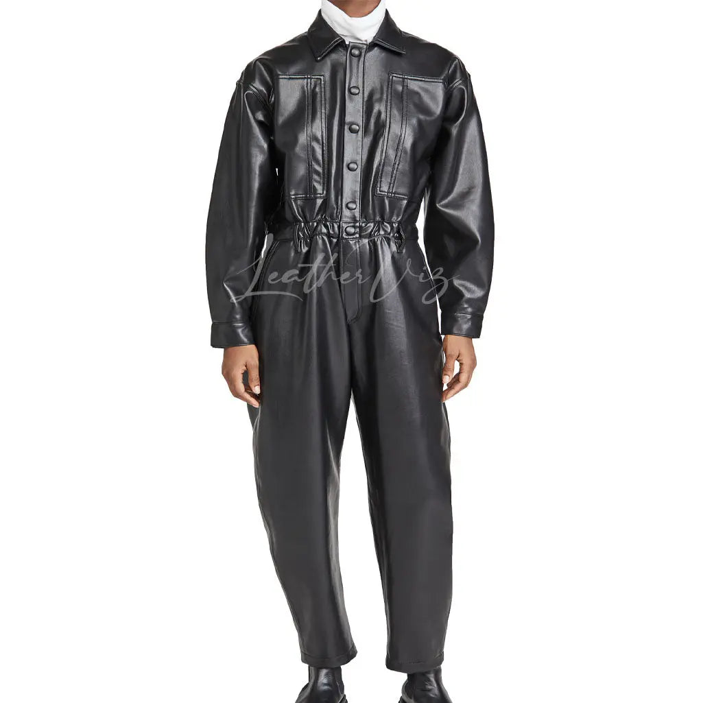 POINTED COLLAR MEN LEATHER OVERALLS - Image #2