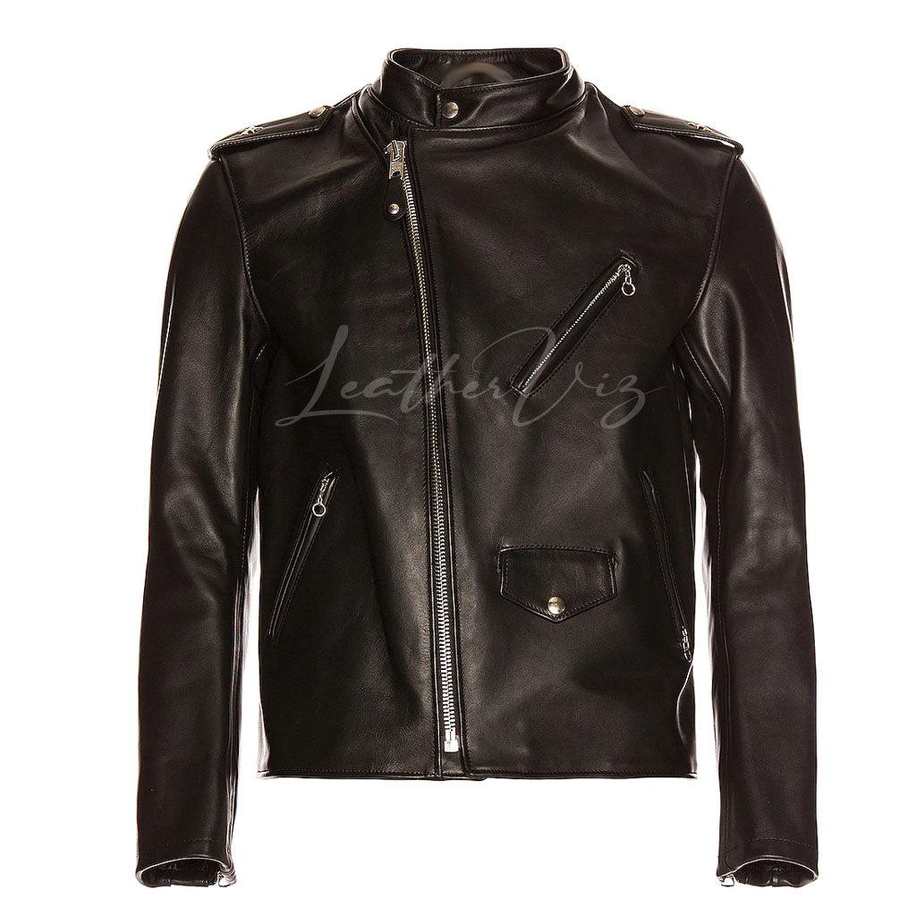 MEN BLACK RACER LEATHER JACKET - Image #1