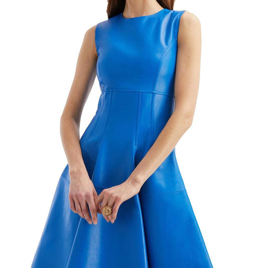 Blue Sleeveless A-Line Leather Dress - Image #2