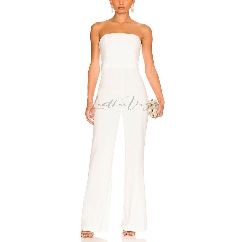 BONED BODICE WHITE LEATHER JUMPSUITS FOR WOMEN - Image #1