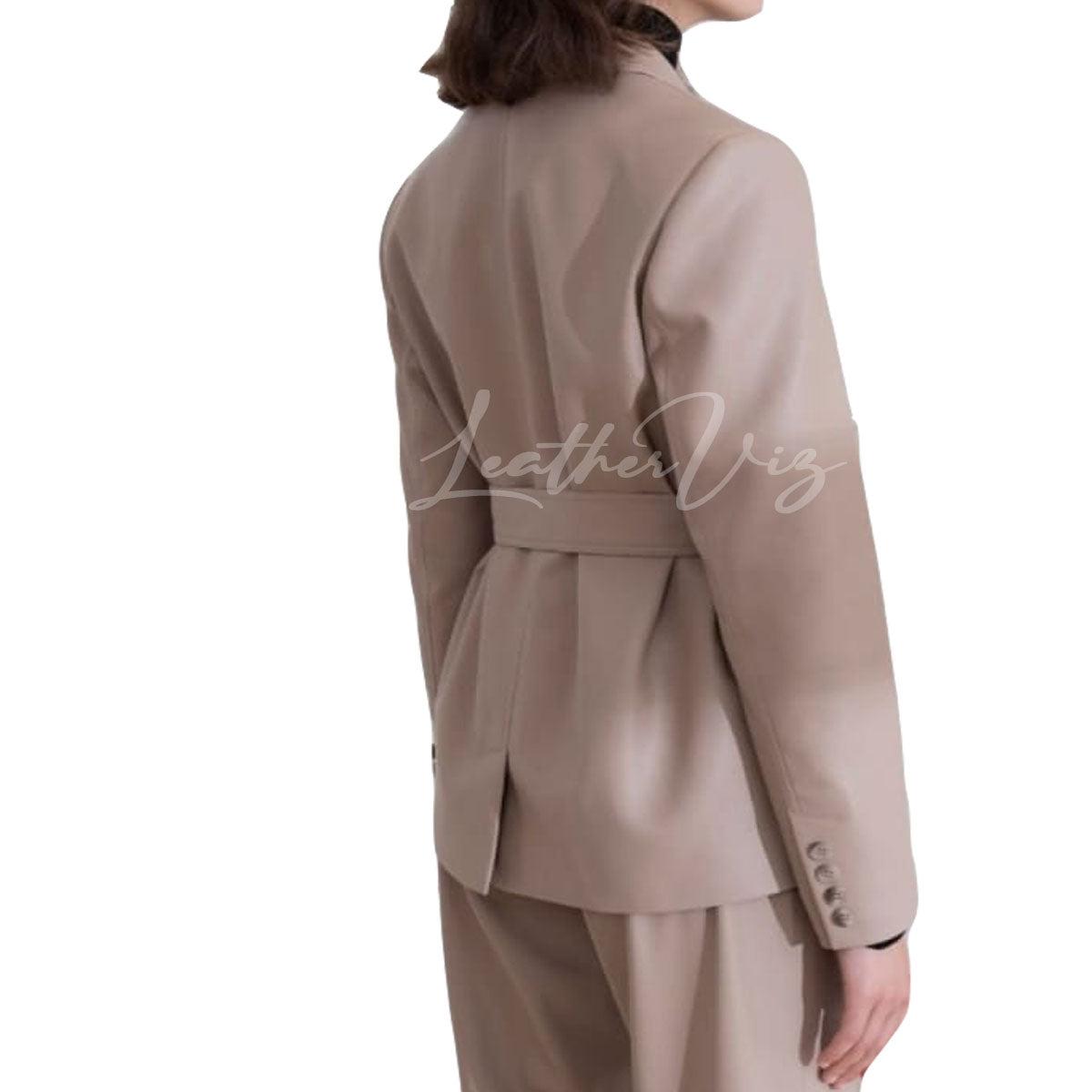 DOUBLE-BREASTED BELTED STYLE WOMEN LEATHER BLAZER - Image #3