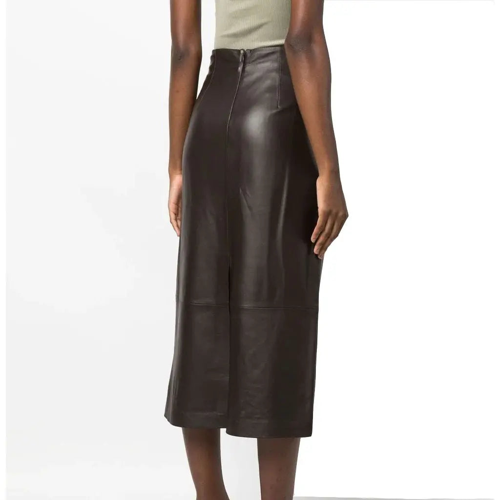 High Waisted Dark Brown Leather Skirt Mid Length - Image #3