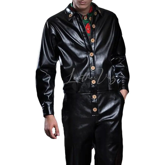 Button Collar Leather Jumpsuit For Men