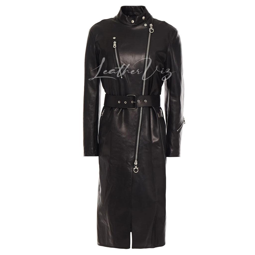 BELTED ZIP-DETAILED WOMEN LEATHER TRENCH COAT - Image #2