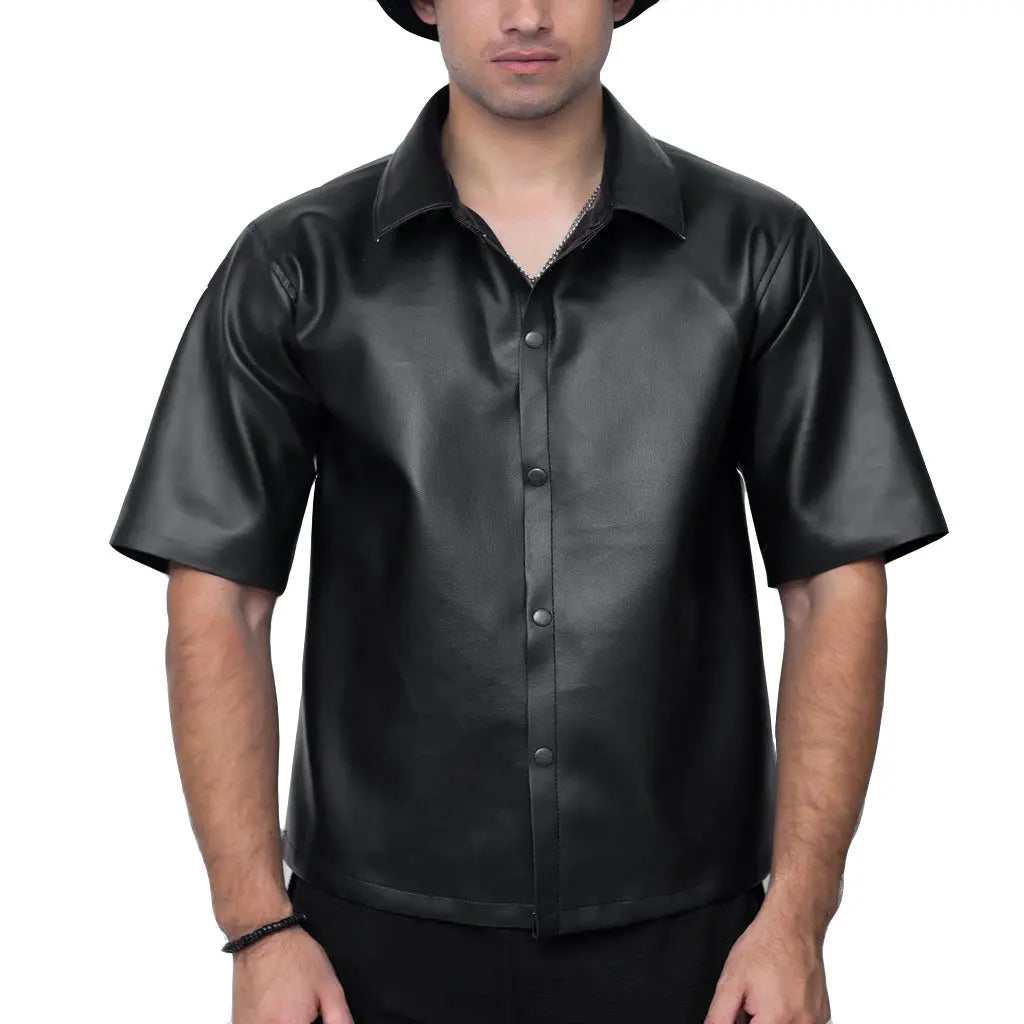 Men Short Sleeves Leather Shirt - Image #2