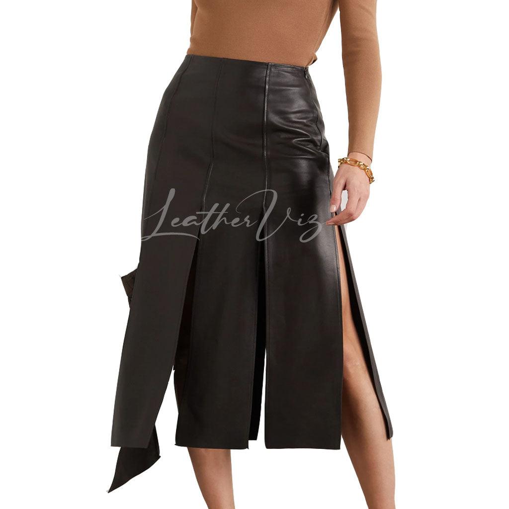 ASYMMETRIC SLIT STYLE LEATHER SKIRT FOR WOMEN 