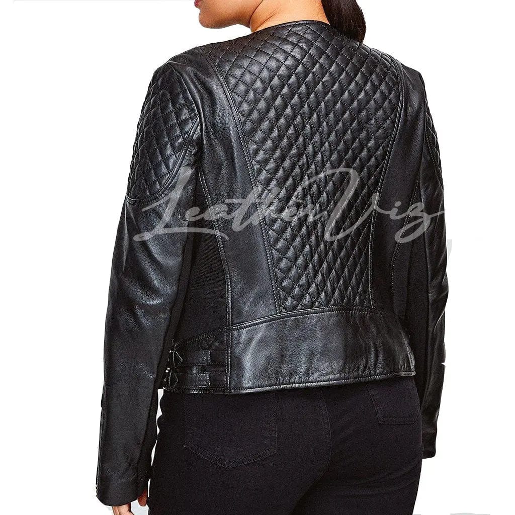 WOMEN QUILTED STYLE BIKER LEATHER JACKET - Image #3