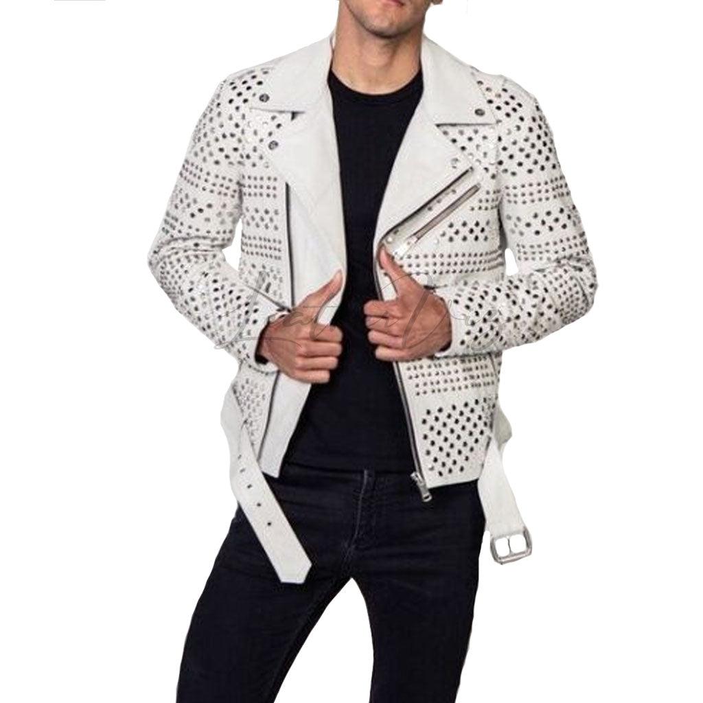 WHITE SLIVER STUDDED MEN BIKER LEATHER JACKET - Image #2