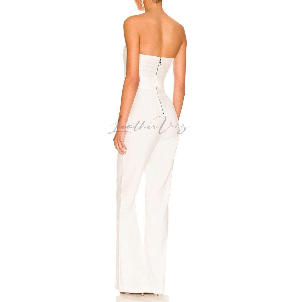 BONED BODICE WHITE LEATHER JUMPSUITS FOR WOMEN - Image #3