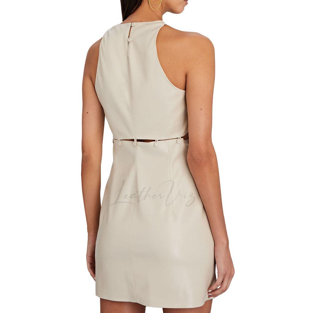 BUTTONED WAIST WOMEN WHITE LEATHER MINI DRESS - Image #5