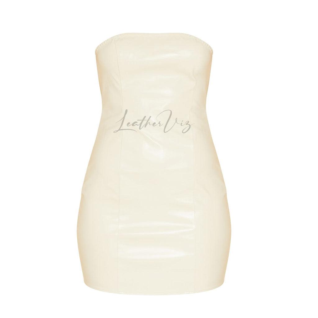 WHITE LEATHER SEAM DETAIL BRIDAL MINI DRESS - Image #2