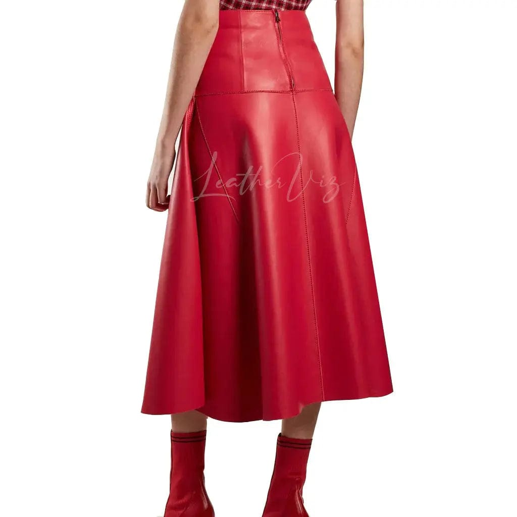 HANDMADE GENUINE  LEATHER WOMEN'S RED A LINE SKIRT - Image #2