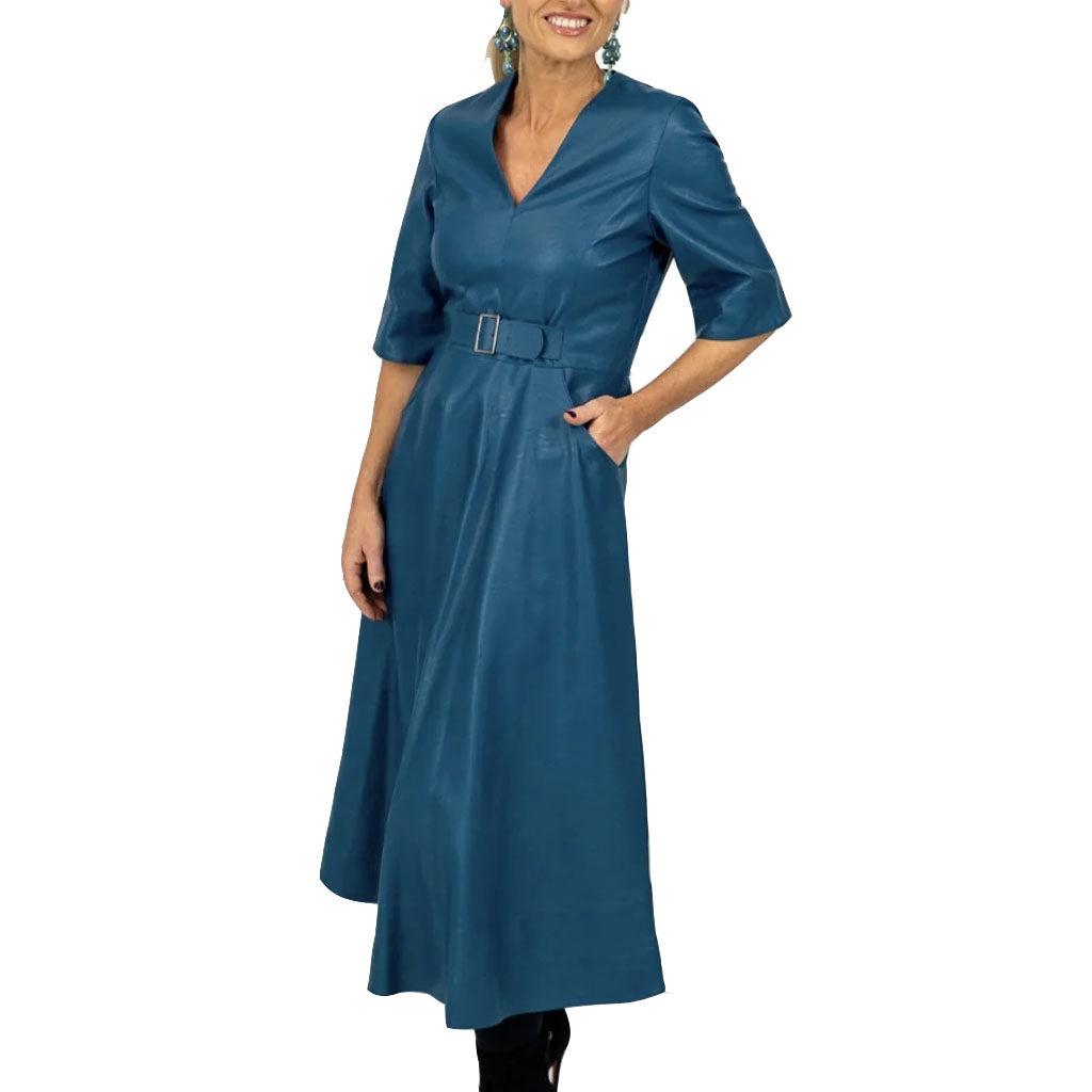 Teal V Neck Flared Leather Dress LeatherViz Teal V Neck Flared Leather Dress LeatherViz