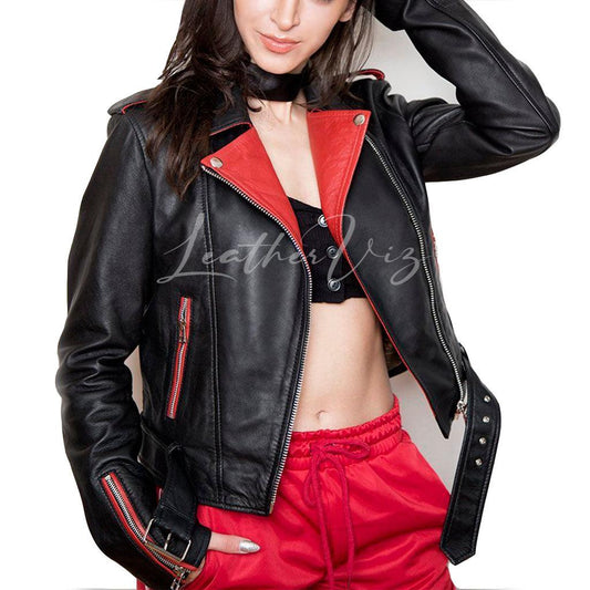 WOMENS BLACK AND RED CONTRAST LEATHER JACKET - Image #1