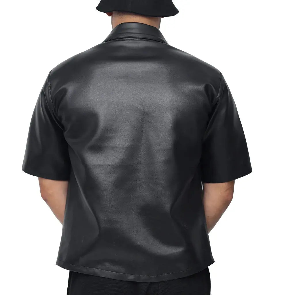 Men Short Sleeves Leather Shirt - Image #3