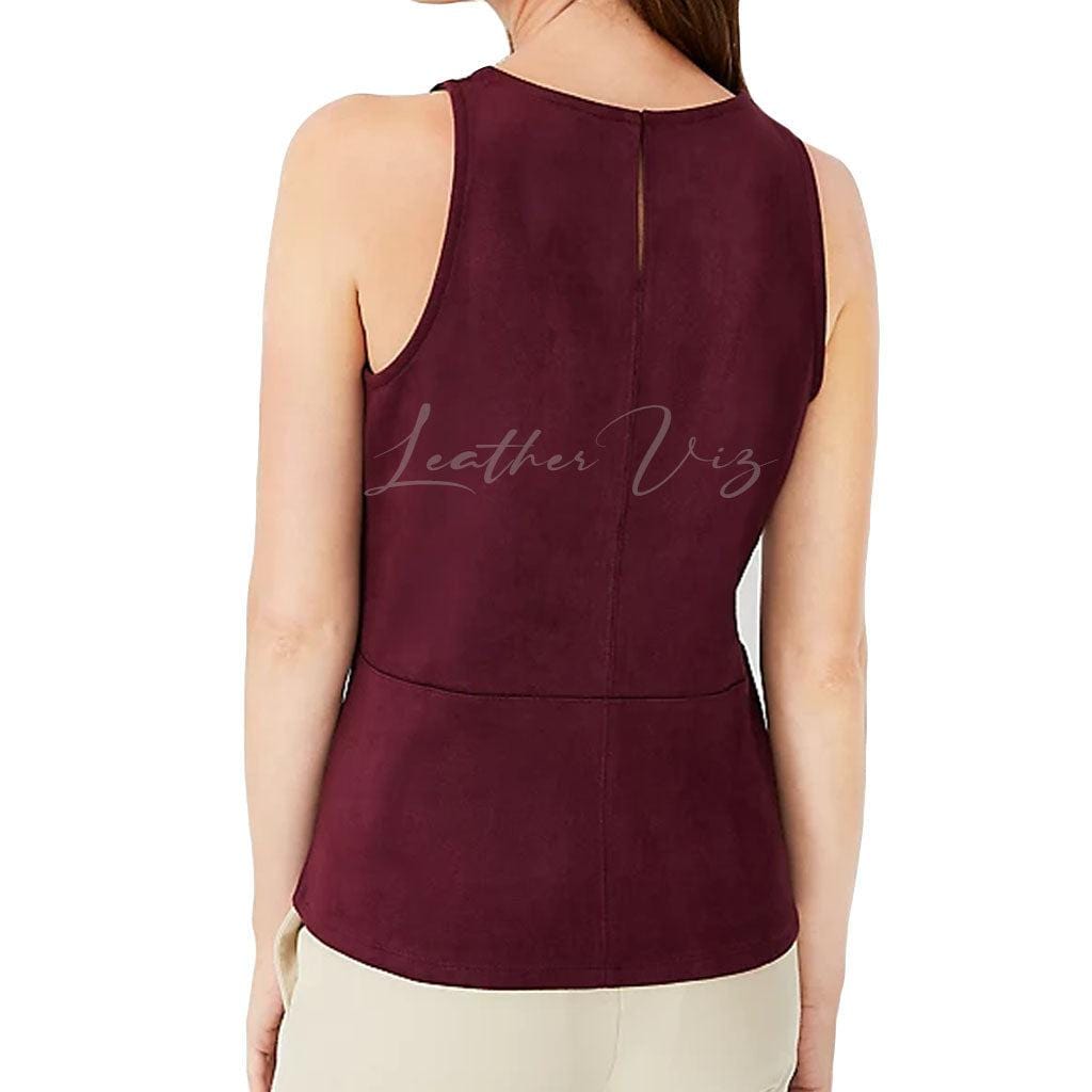 WINE RED SLEEVELESS PEPLUM SUEDE LEATHER TOP - Image #2