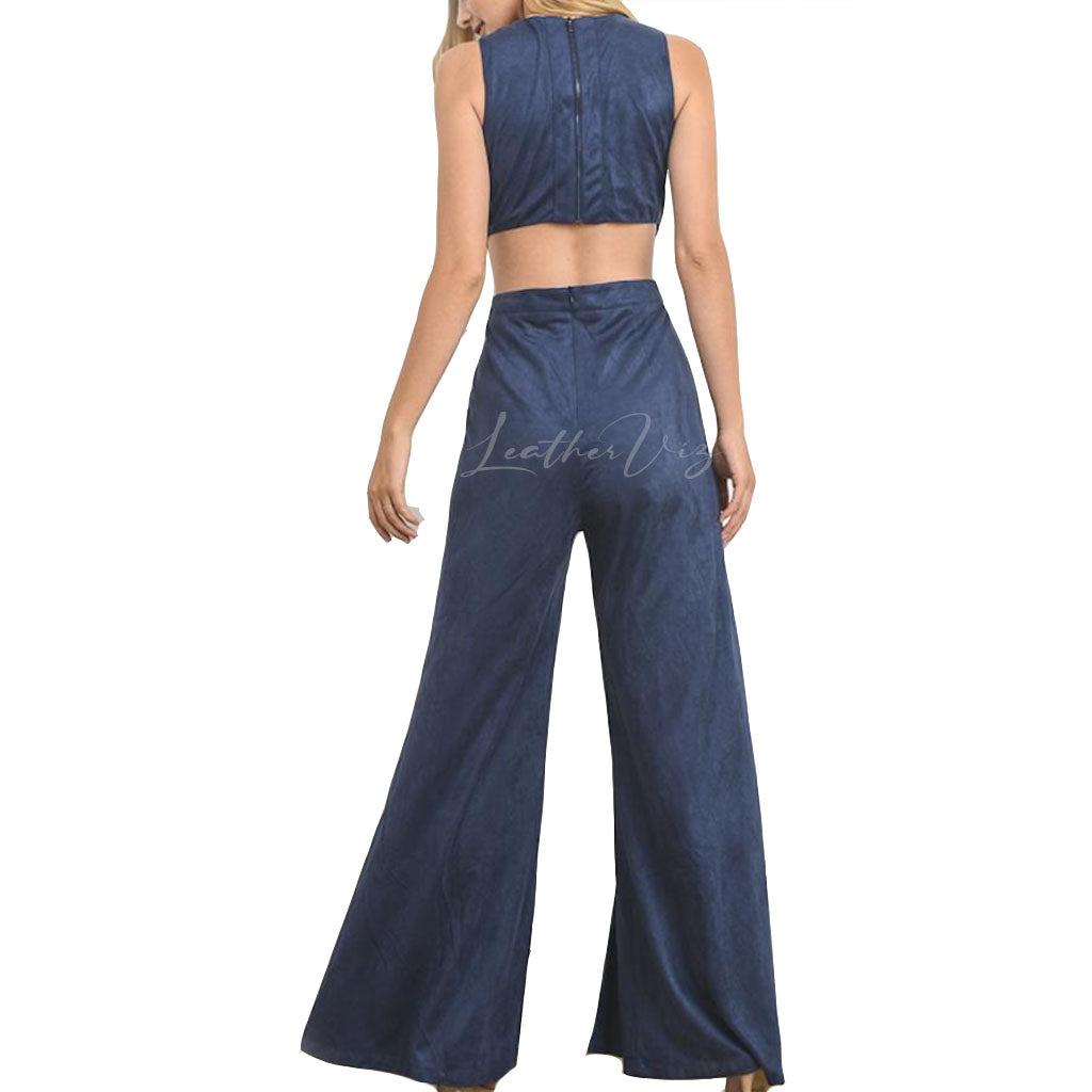 SLEEVELESS SUEDE LEATHER WOMEN PARTY JUMPSUIT - Image #3