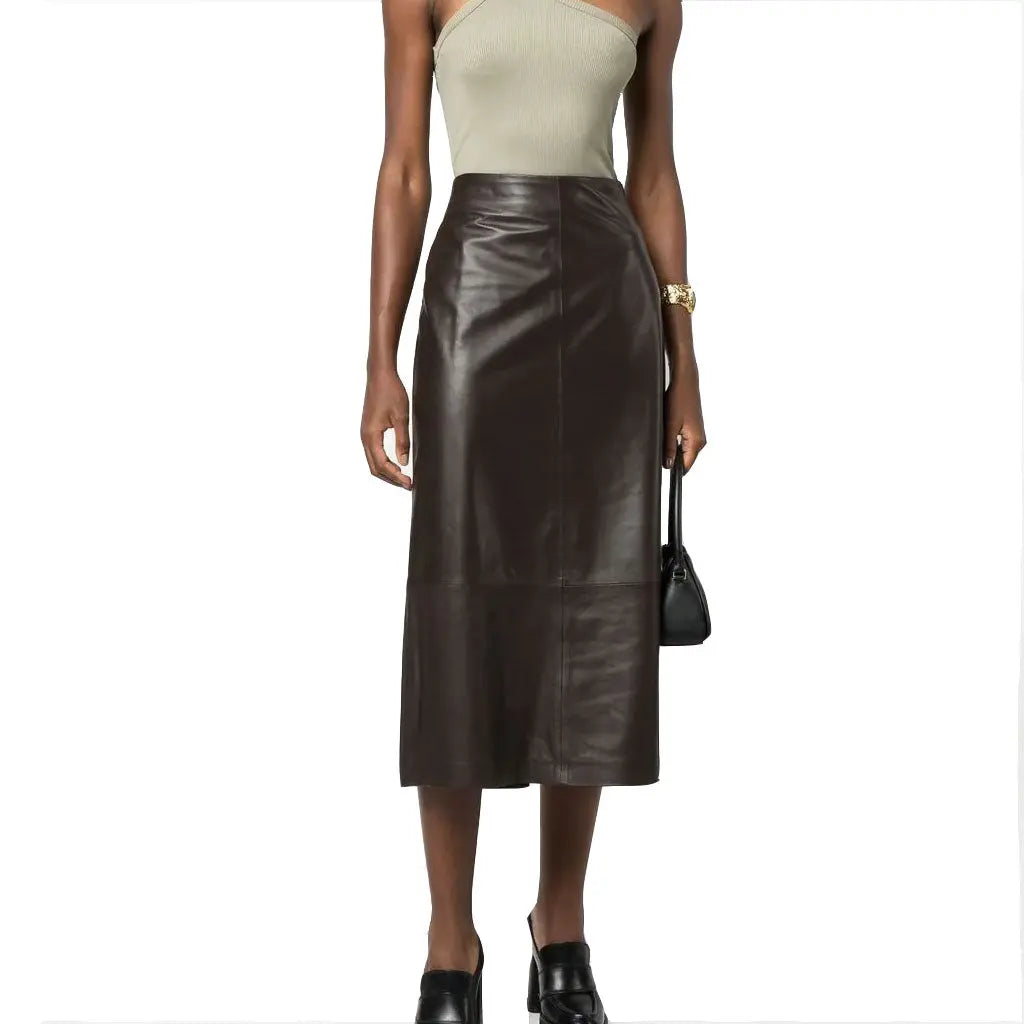 High Waisted Dark Brown Leather Skirt Mid Length - Image #1