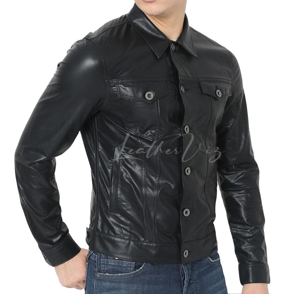 MEN BLACK REGULAR LEATHER JACKET - Image #1