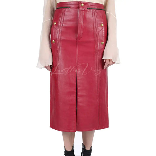 RED LEATHER SKIRT WITH SLITS - Image #2