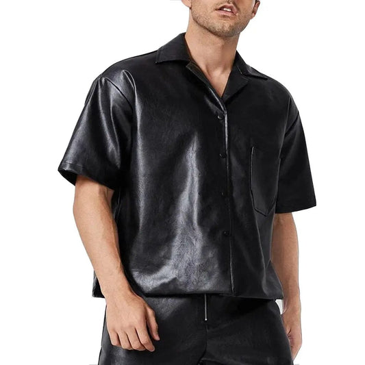 Oversizes Patched Pocket Men Leather Shirt - Image #1
