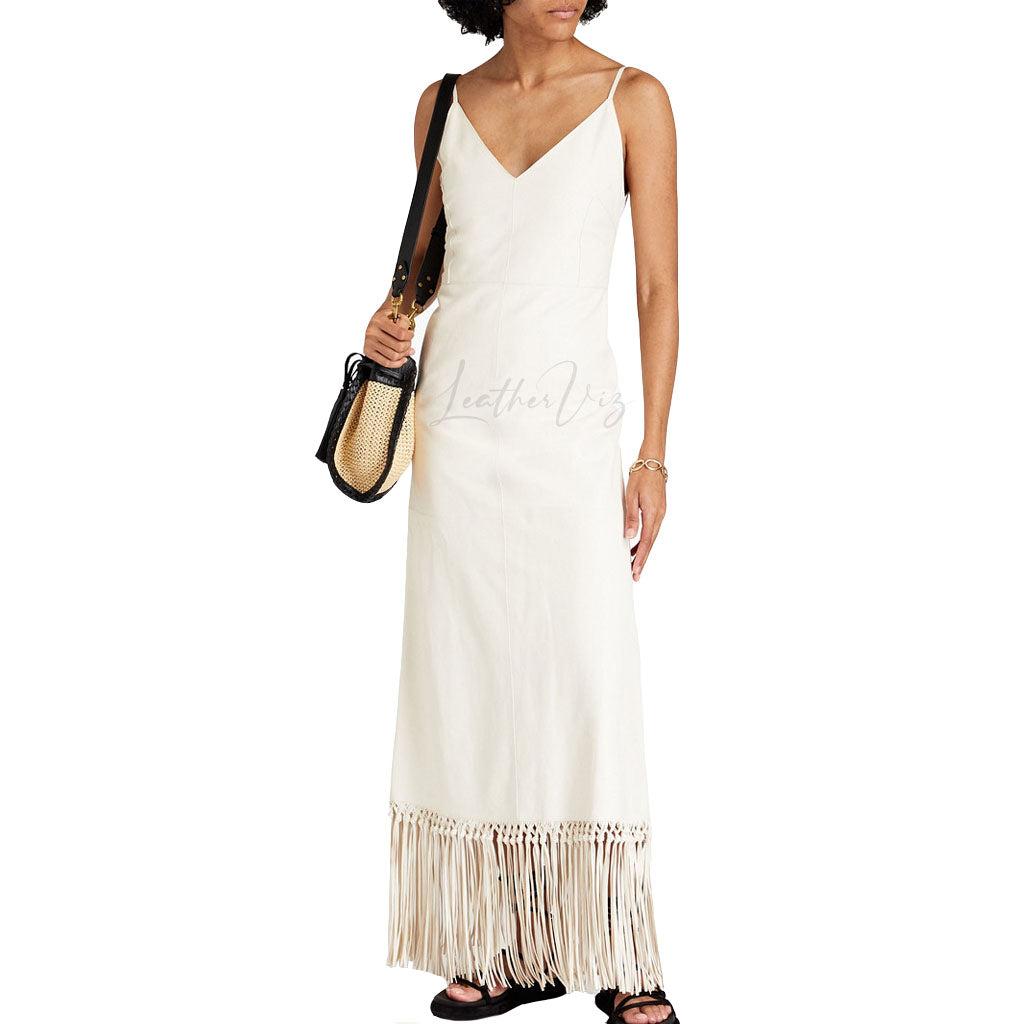 WOMEN'S VALENTINE'S DAY FRINGED WHITE LEATHER MAXI DRESS - Image #1