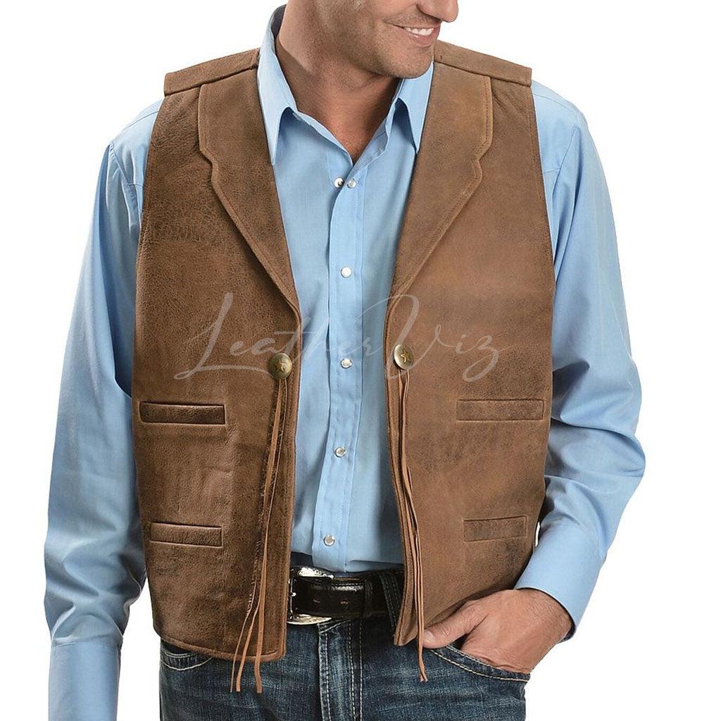 BROWN LAPEL LEATHER VEST FOR MEN - Image #1