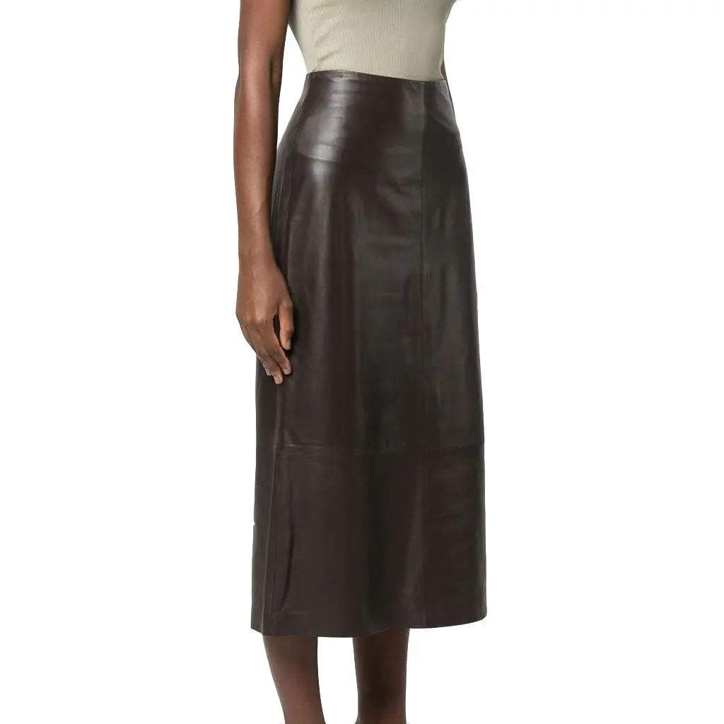 High Waisted Dark Brown Leather Skirt Mid Length - Image #2
