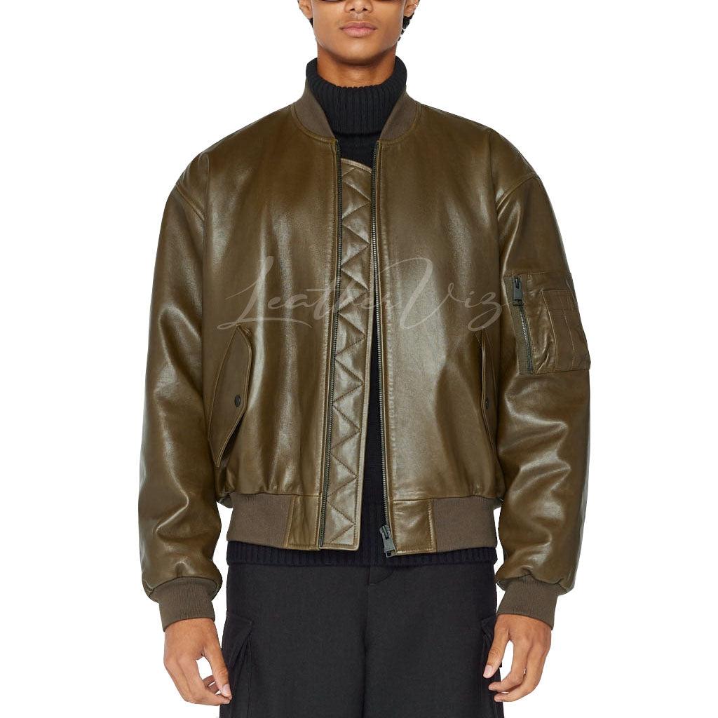 MEN LEATHER BOMBER IN OLIVE GREEN - Image #2