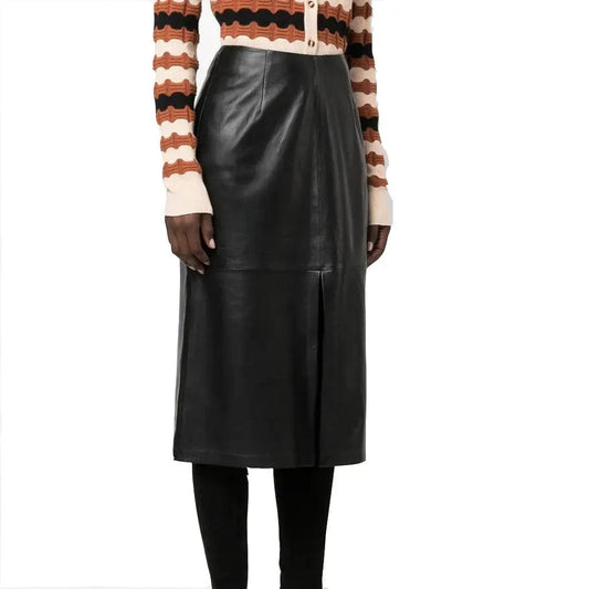 Front Slit-Detail Leather Skirt For Summer