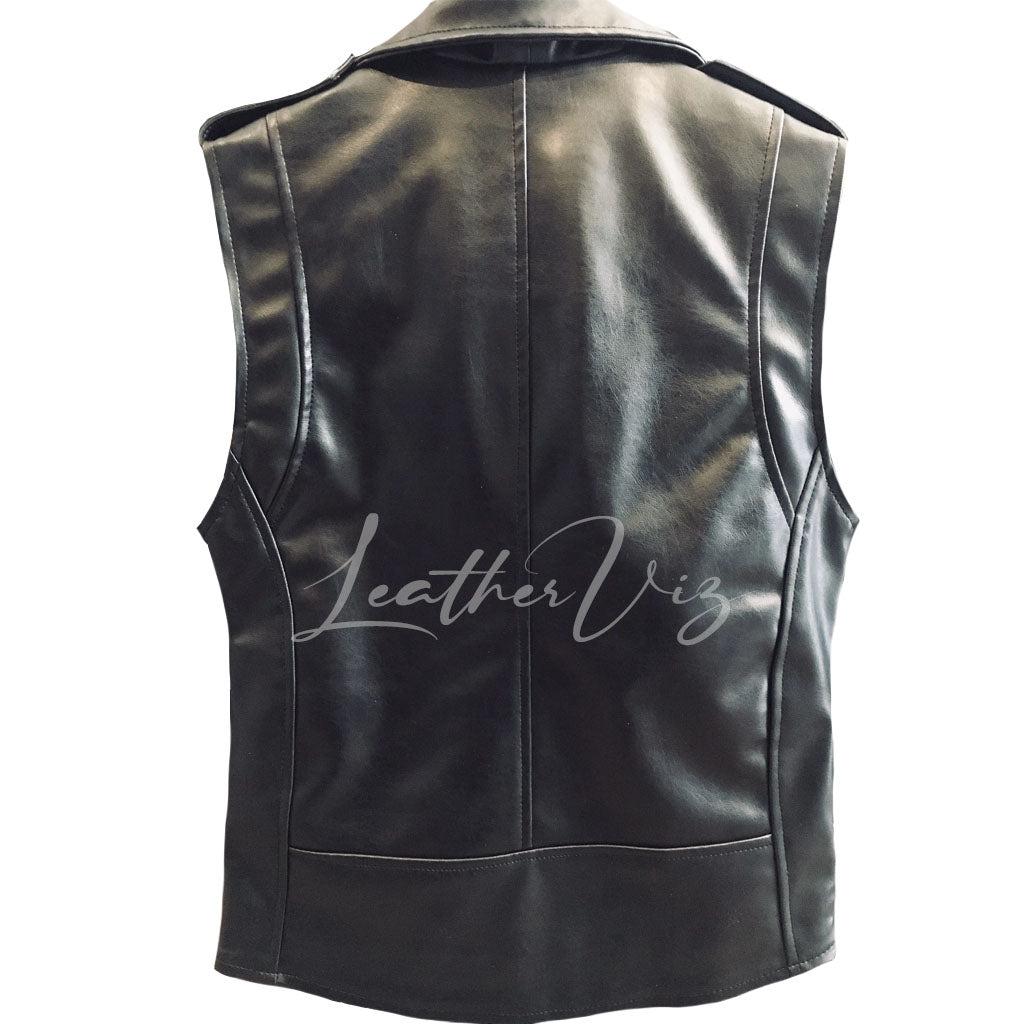 BIKER STYLE MENS BLACK LEATHER VEST - Image #2