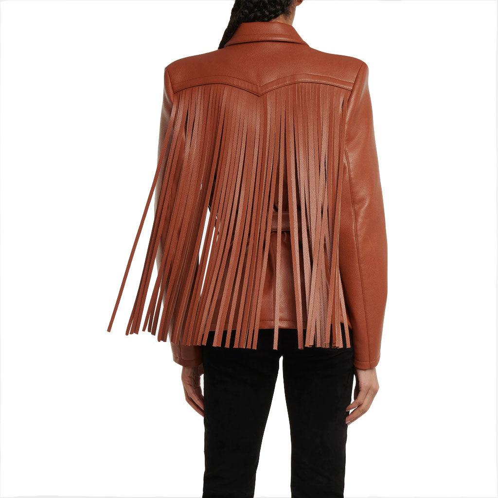 Womens Leather Fringe-Trimmed Jacket - Image #5