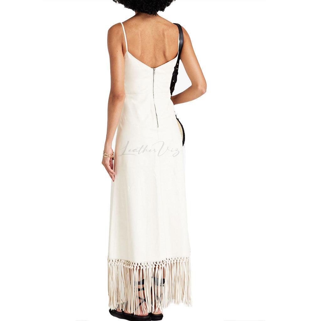 WOMEN'S VALENTINE'S DAY FRINGED WHITE LEATHER MAXI DRESS - Image #2