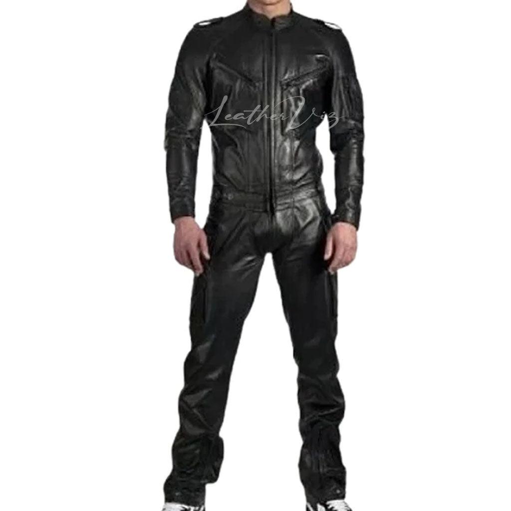 Utility men leather jumpsuit